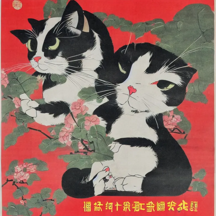 Image similar to chinese propaganda poster with a cartoon cat as the centerpiece