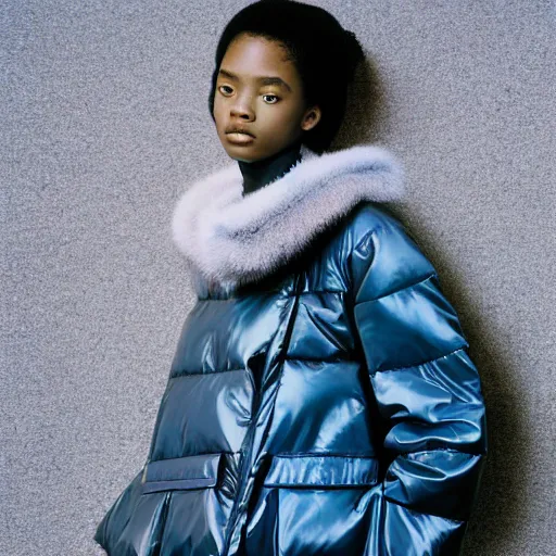 Image similar to realistic photoshooting for a new issey miyake lookbook, color film photography, portrait of a beautiful woman, model is wearing a asymetrical puffer jacket, photo in style of tyler mitchell, 3 5 mm,