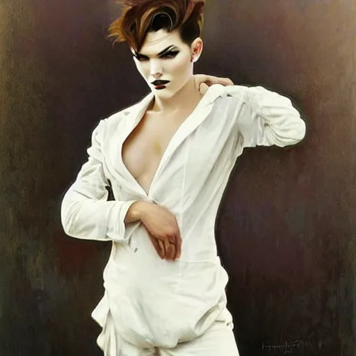 Image similar to beautiful portrait of androgynous ruby rose as desire from sandman in a white tuxedo!!!, rockabilly style, by alphonse mucha, cedric peyravernay, by jeremy mann, by frank moth, white suit and black tie, soft lightning, high detailed, 8 k