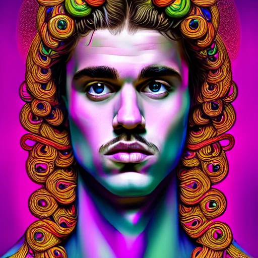 Prompt: an extremely psychedelic portrait of jusyin bieber as medusa, surreal, lsd, face, detailed, intricate, elegant, lithe, highly detailed, digital painting, artstation, concept art, smooth, sharp focus, illustration