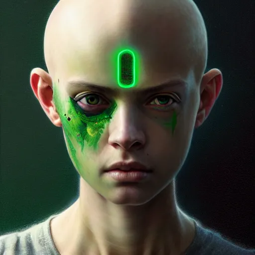 Image similar to portrait painting of a post - apocalyptic green haloed bald androgynous teenager with white eyes, ultra realistic, concept art, intricate details, eerie, highly detailed, photorealistic, octane render, 8 k, unreal engine. art by artgerm and greg rutkowski and charlie bowater and magali villeneuve and alphonse mucha