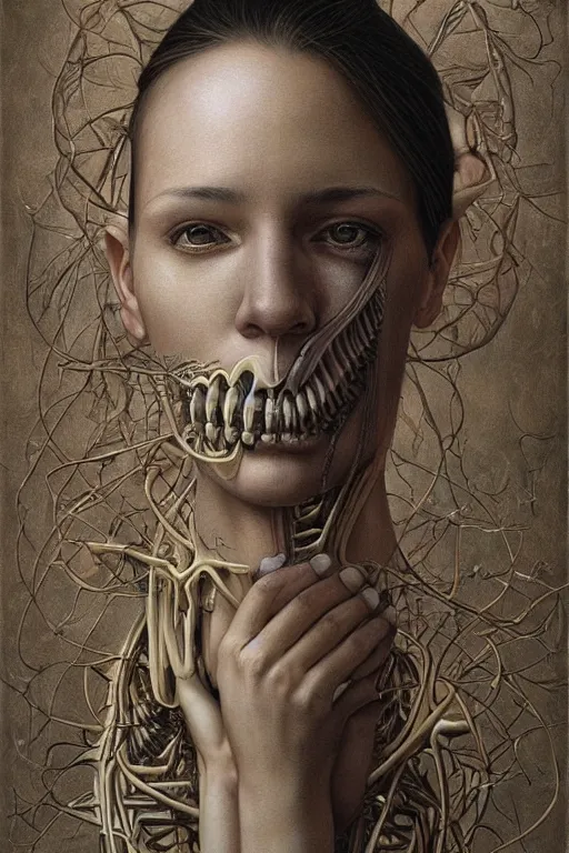 Image similar to beautiful portrait of biomechanical being by marco mazzoni, remnev andrey, detailed, realistic skin color