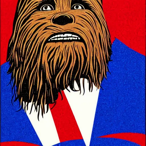 Image similar to chewbacca presidential election poster showing close up of chewbacca face red and blue duotone by sheperd fairey no text