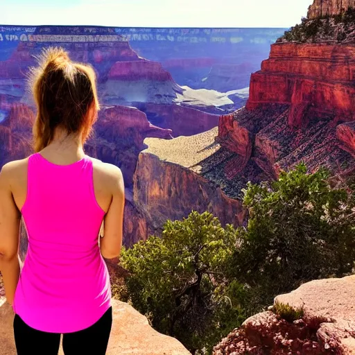 Image similar to a photo of a young woman with long pink hair looking at grand canyon, hiking clothes, tank top, backpack, arizona, grand canyon in background, cinematic, beautiful, stunning, morning, epic, 8 k