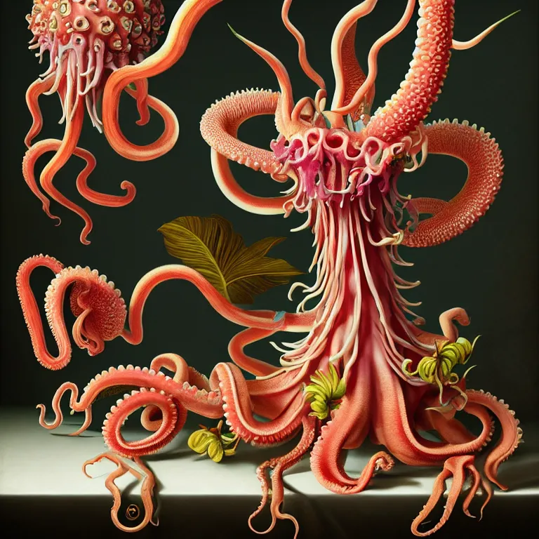 Image similar to still life of tropical flowers, alien squid, octopus, pastel tropical flowers, surreal alien ribbed tropical fruit, white human spine, baroque painting, beautiful detailed intricate insanely detailed octane render, 8K artistic photography, photorealistic, chiaroscuro, Raphael, Caravaggio