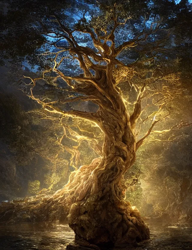 Prompt: an epic ancient tree with glowing lights in the branches with buttressed roots rising above a cairn with waterfalls and rivulets of water running down into an underground lake at dawn by james jean by pascal blanche, at dawn, volumetric light, spirals, recursion, spiritual light, houdini particles