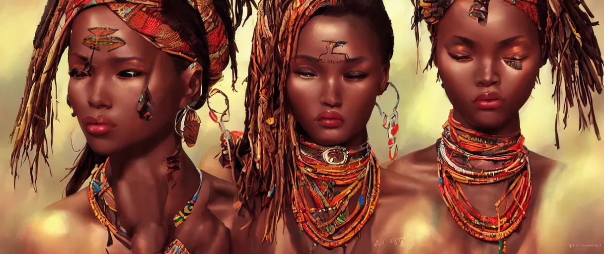 Prompt: very beautiful tribal women africa, frivolous appearance, ioyful vibe and lighting, cgsociety, artstation, in the style of artgerm