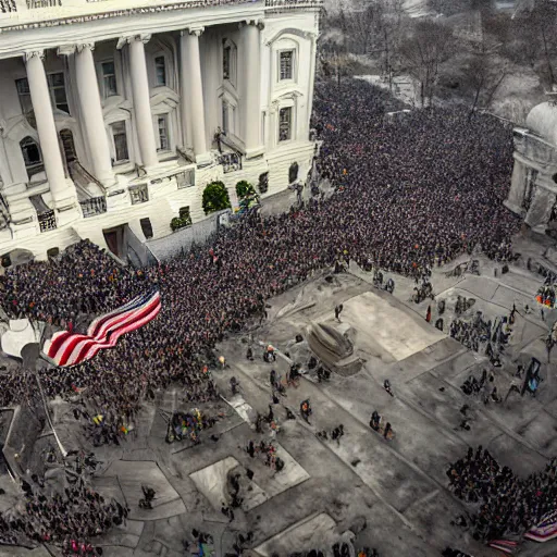 Image similar to capitol riot, View from the top of white house with many people rioting below, hyper-realistic, ultra-detailed, high resolution, HDR shot, cinematic lighting