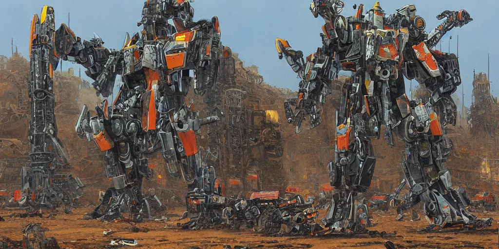 Image similar to Highly detailed painting of a large battle mech equipped with many chainsaws by moebius