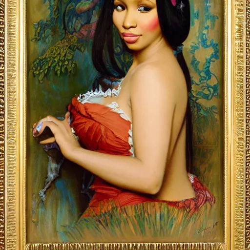 Image similar to romantic painted portrait of nicki minaj by james jean, mucha, andrew loomis, masterpiece