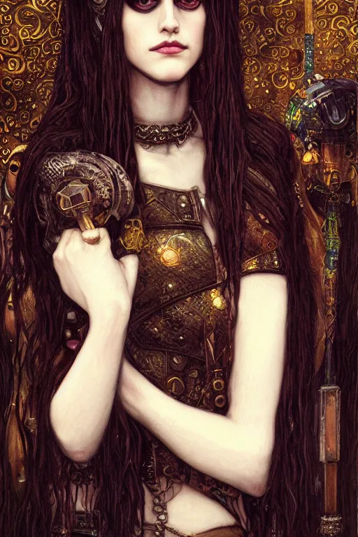 Image similar to portrait of beautiful gothic Alexandra Daddario, cyberpunk, Warhammer, highly detailed, artstation, illustration, art by Gustav Klimt