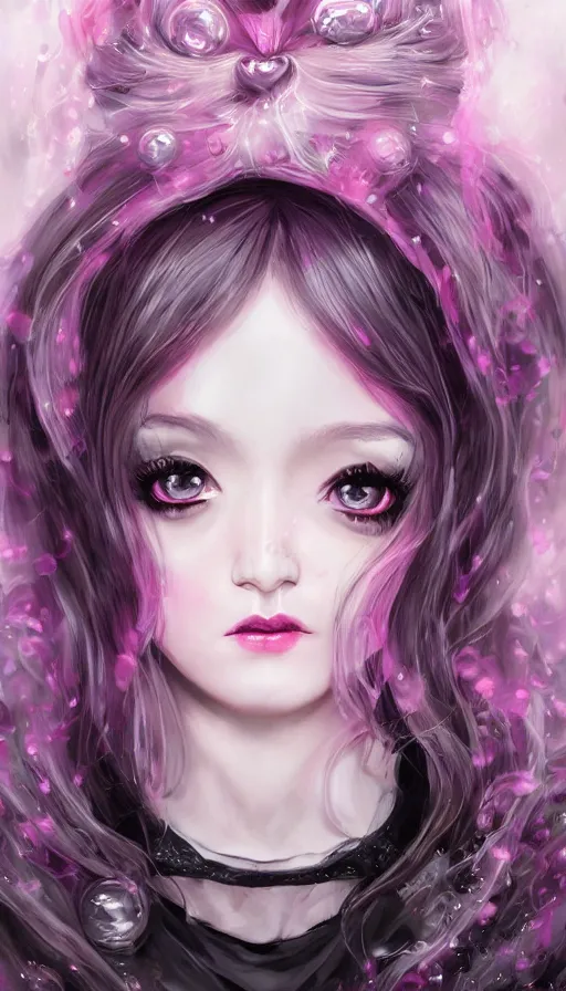 Image similar to gothic lolita girl portrait, dreamy and ethereal, expressive pose, big eyes, tender expression, exciting, fantasy, intricate, elegant, many rainbow bubbles, pink tones, purple, black very detailed, digital painting, artstation, concept art, cyberpunk wearing, soft, sharp focus, illustration, art by artgerm and greg rutkowskiand alphonse much