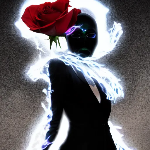 Image similar to Woman made of black flames, wearing a strict business suit, with no face, with glowing red eyes, with a red halo over her head, with red halo glowing out of her wrists, looking off to the side, growing out of a giant rose, rose petals flying in the wind, war, authoritarian, tense, madness combat, strong dramatic cinematic lighting , blood red sky, grey skin, smooth, sharp focus, extremely detailed, illustration, digital painting, artstation, indieground, sharp focus, by Godmachine, alphonse mucha''