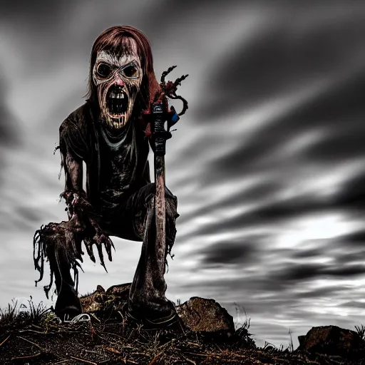 Prompt: An eerie atmospheric highly detailed hyper realistic DSLR photo of the zombie known as Eddie The Head from Iron Maiden lit by supernatural weather on a creepy graveyard hilltop as he cackles maniacally and brandishes his weapon at the weird sky, 8k, dramatic lighting, horror, #news