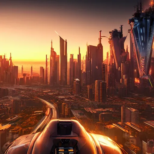 Image similar to cyber punk,eyeline view,city panorama,beautiful sunset,organic growth, panoramic,boris vallejo,luis royo,michael whelan,photorealistic,unreal engine 5,octane render,detailed