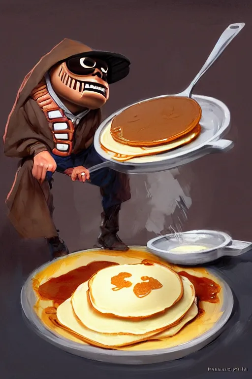 Image similar to mf doom as cooking pancakes animation pixar style, cooking show, by magali villeneuve, artgerm, jeremy lipkin and michael garmash, rob rey and kentaro miura style, trending on art station