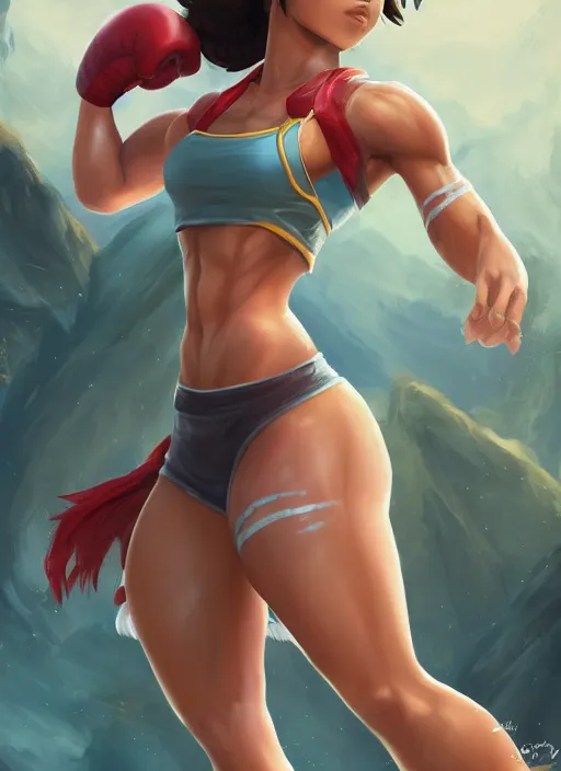 Image similar to fitness taliyah, from league of legends, au naturel, exhibant, boxing, in shape, hyper detailed, digital art, trending in artstation, cinematic lighting, studio quality, smooth render, unreal engine 5 rendered, octane rendered, art style by klimt and nixeu and ian sprigger and wlop and krenz cushart