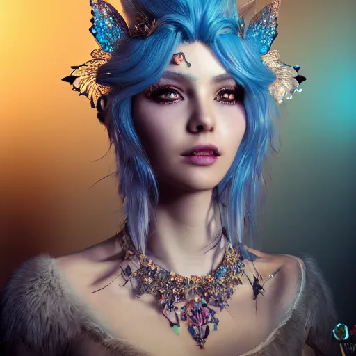 Image similar to portrait of fairy princesswith blue hair, glowing, ornate and intricate jewelry, jaw dropping beauty, glowing background lighting, white accent lighting, hyper detailed, fairy tale, 4 k octane render