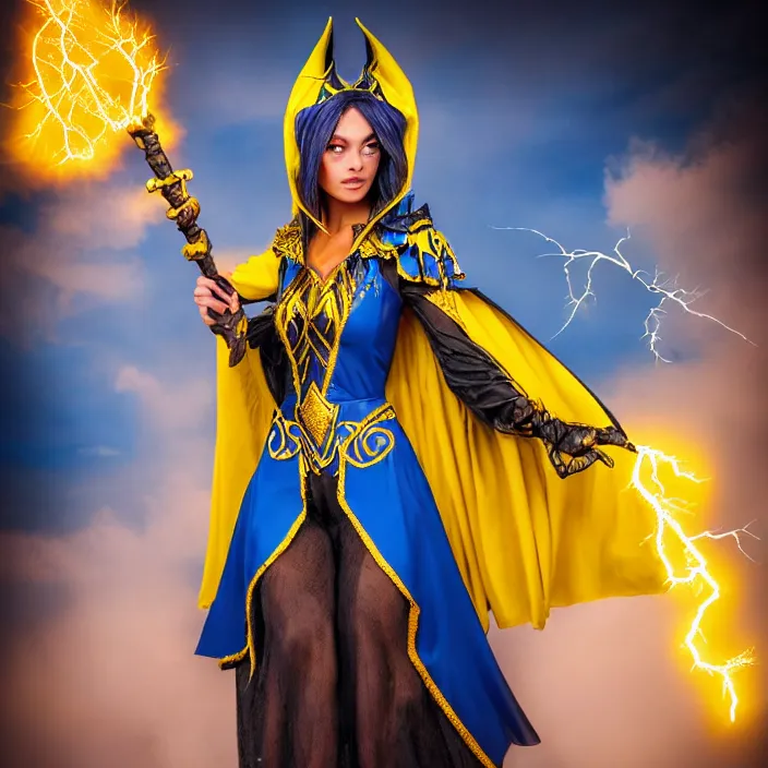 Image similar to photograph of a real - life beautiful!! elemental lightning witch with ornate yellow and blue robes and staff. extremely detailed. 8 k