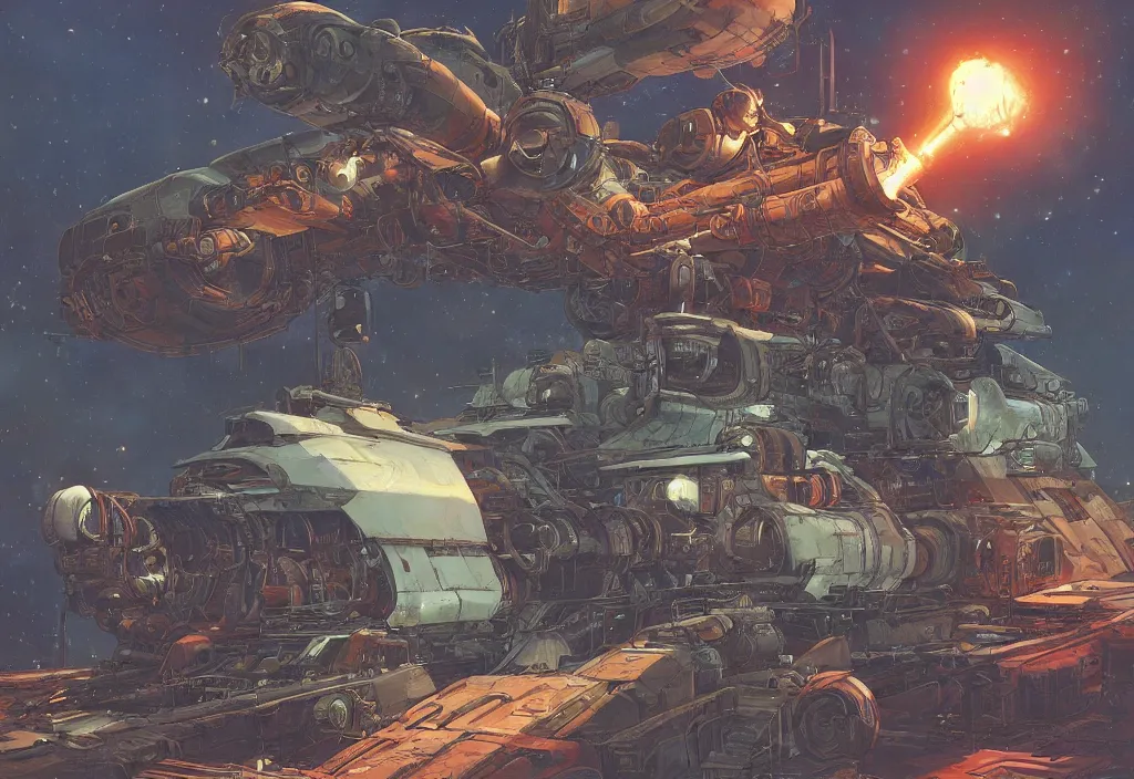 Image similar to old rusting cargo space ship, rusty work spaceship with bolted on upgrades and a glowing engine in deep space illustrated by greg tocchini, jesper ejsing and makoto shinkai