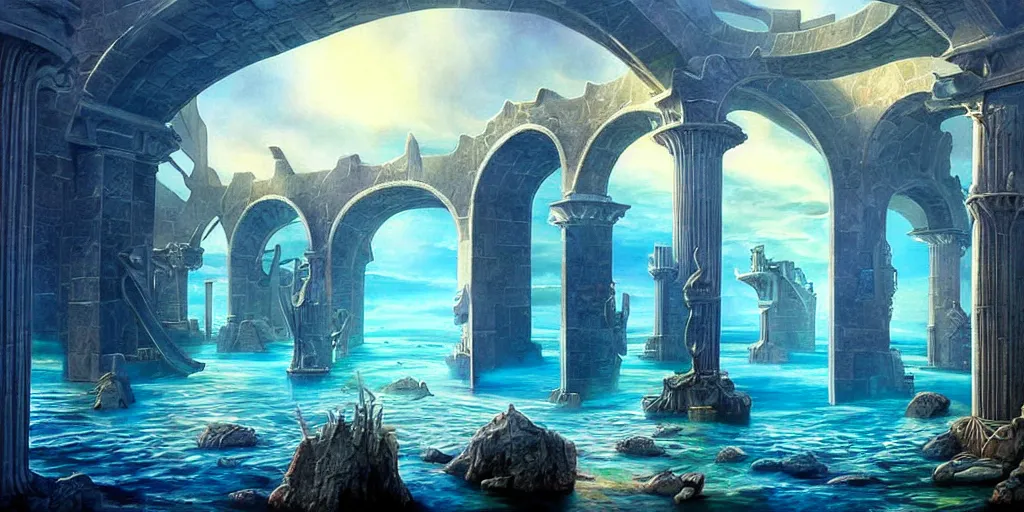 Prompt: atlantis architectural marvels, realistic fantasy art painting