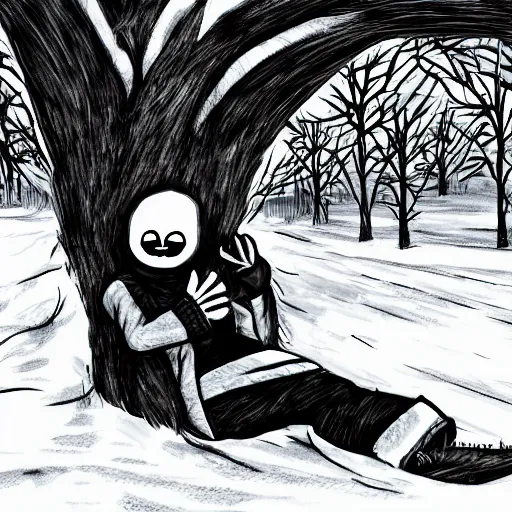 Image similar to Sans from undertale napping under a tree in the snow, deviantart