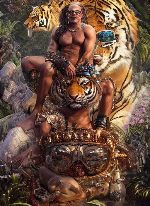 Prompt: muscular Atlantean king Rauw Alejandro grinning and wearing cholo sunglasses and a heavy bejeweled gold crown reclining poolside with a beautiful tiger, steelpunk, ghibli studio, nekro, Tom Bagshaw, Craig Mullins, octane 8k, by brian froud, Trending on ArtStation