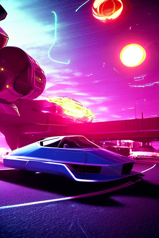 Image similar to quantum entanglement的synthwave sports car ,by Austin English ,cinema lighting,Game scene graph , very high detailed Unreal engine, in the style of a 70s science fiction novel cover