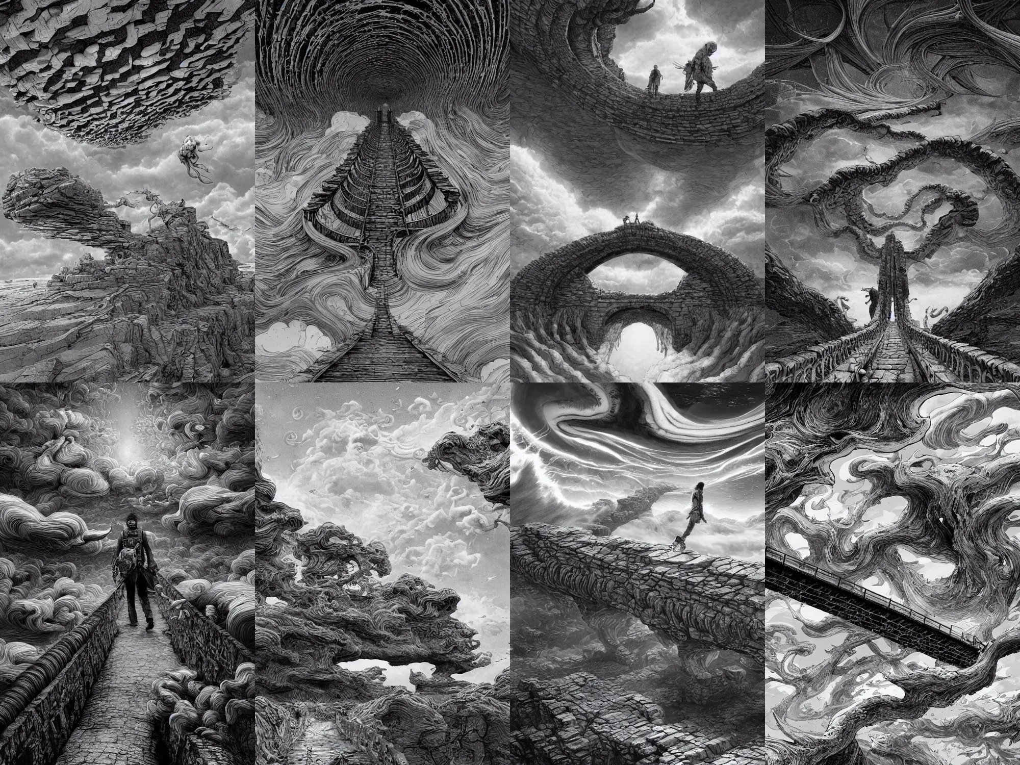 Prompt: walking on an old stone bridge that climb into the sky, swirly clouds in the background, art by James Jean and Wayne Barlowe, high details , black and white ink, cinematic, cgsociety 8k