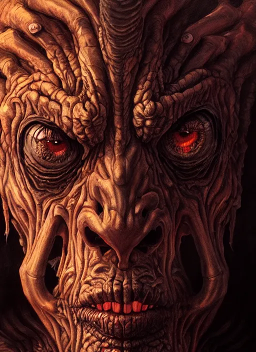 Prompt: close up portrait of a monster in the mountains of hell, oil painting by tomasz jedruszek, cinematic lighting, pen and ink, intricate line, hd, 4 k, million of likes, trending on artstation