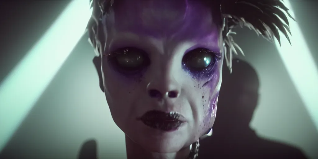 Image similar to cinematic film still of a punk alien starring in a dave meyers directed music video, cgi, vfx, chiaroscuro lighting, ( shallow depth of field ), ( ( 8 0 mm ) ), f 1. 8