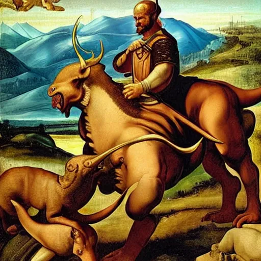 Prompt: hannibal crosses the alps with battle triceratops, punic wars, renaissance painting style