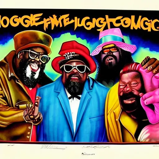 Prompt: beautiful lifelike painting of george clinton performing atomic dog and loopzilla megamix with roger troutman and fatman scoop, hyperreal detailed facial features and uv lighting, art by ed roth and basil wolverton
