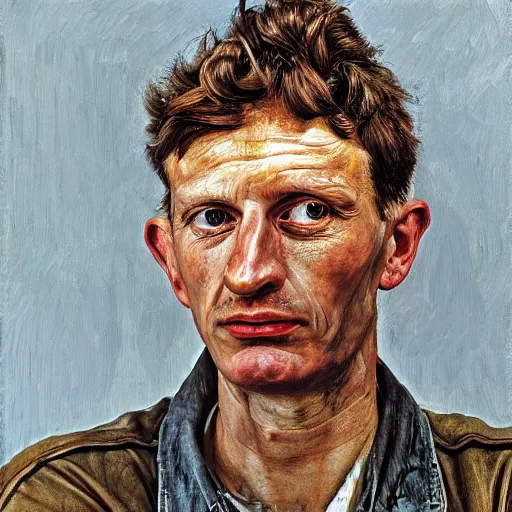 Image similar to high quality high detail painting by lucian freud, hd, portrait of a mechanic tired of work, photorealistic lighting