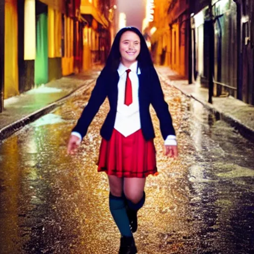 Image similar to night flash portrait photography of a high school girl in catholic uniform on the lower east side by annie leibovitz, colorful, nighttime!, raining!