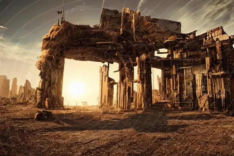 Image similar to intense sun desert landscape futuristic city ruins fallout post apocalyptic