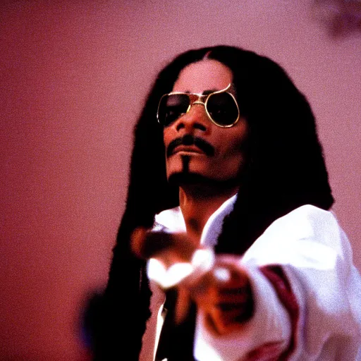 Image similar to a 1980s film still of Snoop Dogg dressed as Michael Jackson, 40mm lens, shallow depth of field, split lighting