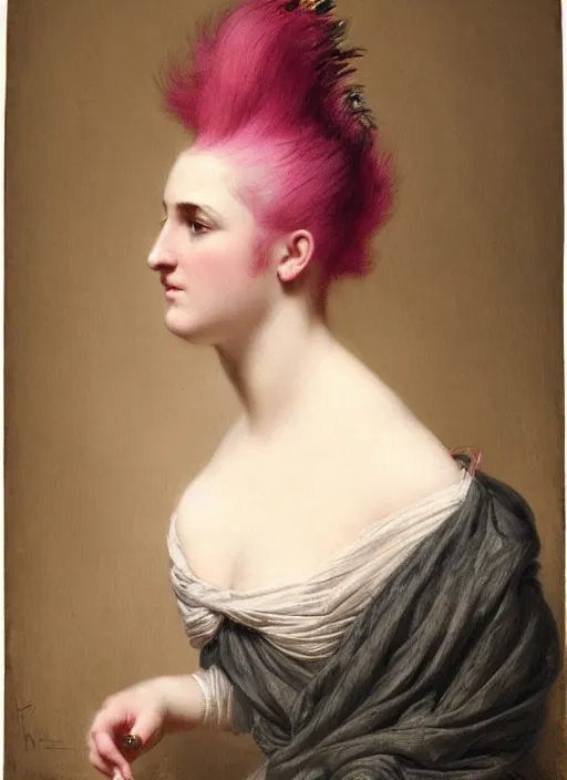 Prompt: a detailed portrait of woman with a mohawk by edouard bisson, year 1 8 5 0, pink hair, punk rock, oil painting, muted colours, soft lighting