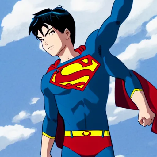 Prompt: Jon Kent superboy standing triumphantly. Dc comics. Superman Anime still. Makoto shinkai. Kuvshinov ilya.