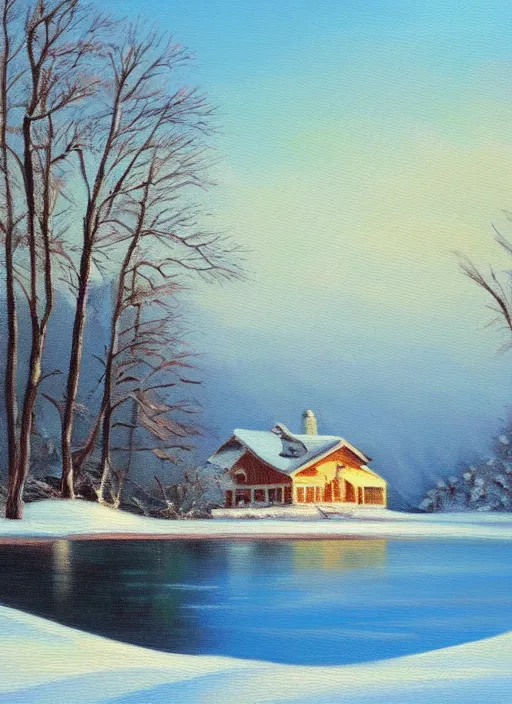 Prompt: an oil painting of a lake house in winter