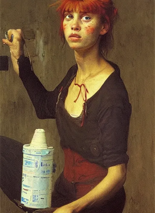 Image similar to a portrait of a pretty sewer punk young lady by albrecht anker