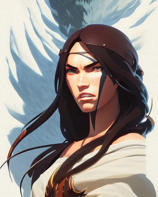 Image similar to azctec warrior, megan fox, detailed perfect face, exquisite details, fire magic, mid view, design on a white background, by studio muti, greg rutkowski makoto shinkai takashi takeuchi studio ghibli