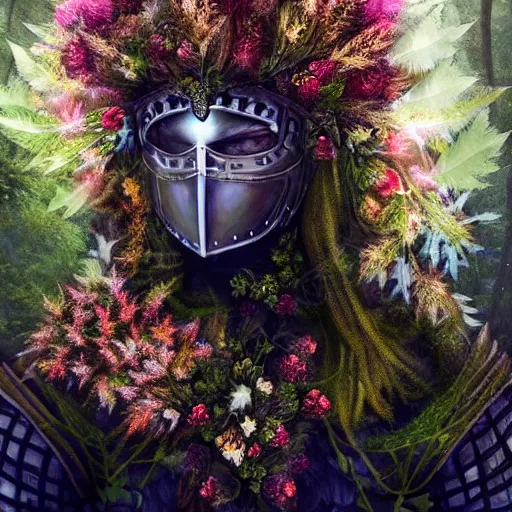 Image similar to a male knight, stern face, clear eyes, in a dark forest, shining armour made of steel and flowers, and fractal flowery hair in a fractal garden, glowing delicate flower, berries and ferns that grow in a dark fantasy forest, full frame,