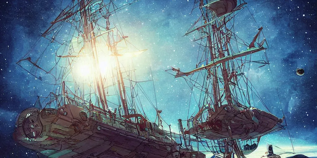 Prompt: tall ship in space. sci fi illustration. beautiful lighting and composition. science fiction. colourful graphic novel. digital art