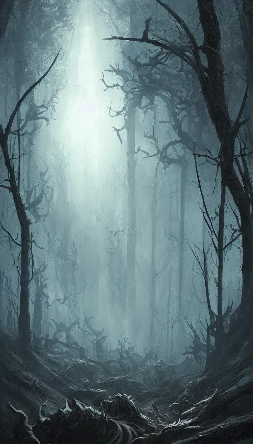 Prompt: a storm vortex made of many demonic eyes and teeth over a forest, by greg rutkowski