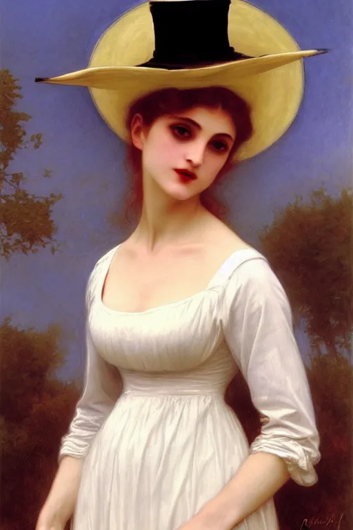 Image similar to victorian vampire in a big hat, white dress, painting by rossetti bouguereau, detailed art, artstation