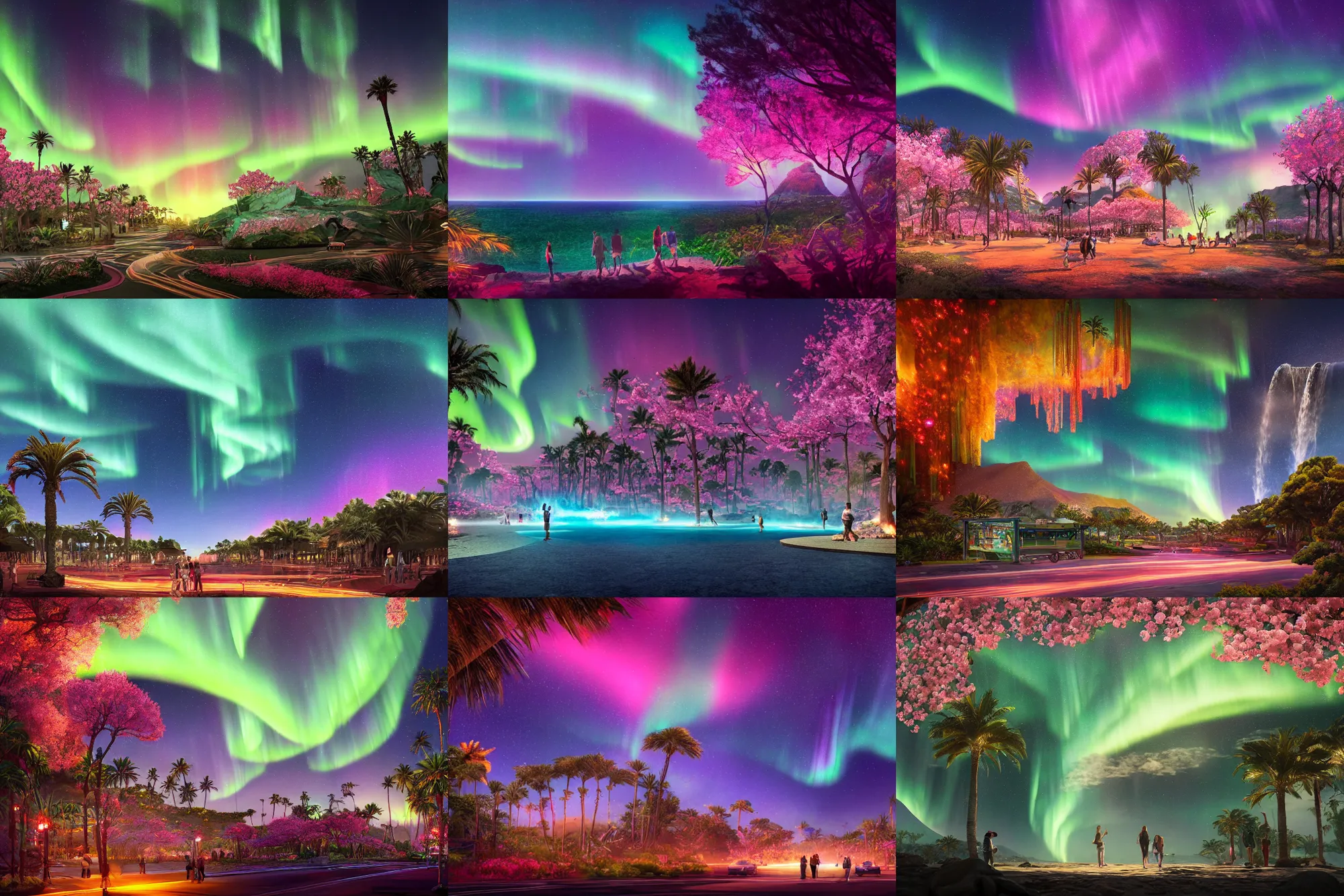 Prompt: las vegas strip on waiʻanapanapa state park during rgb season with interstellar crystalized aurora borealis diamond sky, blazing fire waterfalls, lush sakura, by peter mohrbacher, james jean, james gilleard, greg rutkowski, rule of thirds, octane render, beautiful