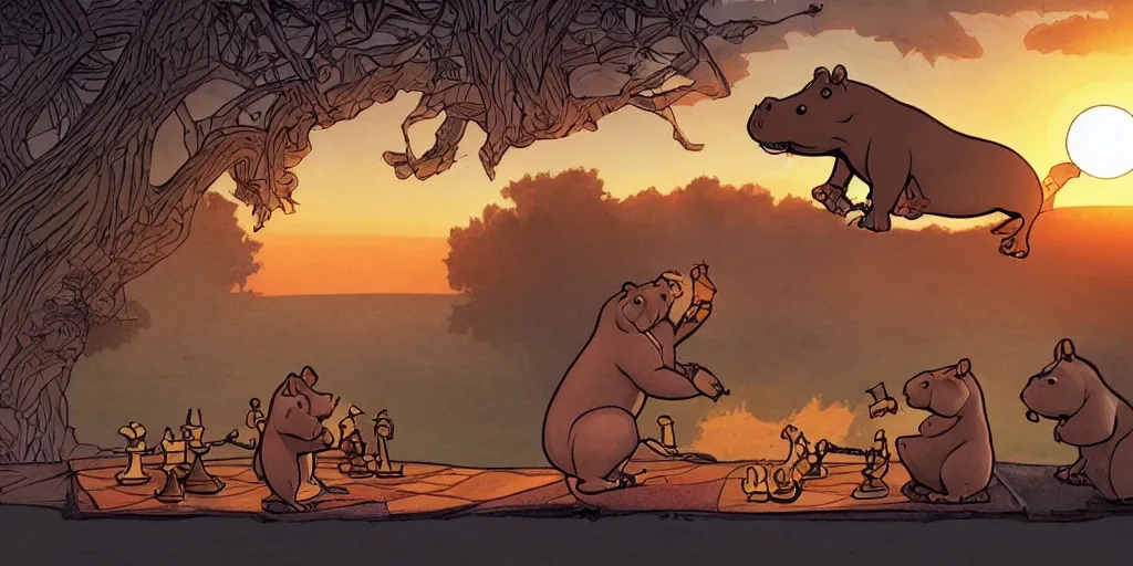 Prompt: In the hippo's open mouth, two squirrels are playing chess, with the sun hanging like a cloth on a branch behind them, Rafeal Albuquerque comic art, Joshua Middleton comic art, cinematics lighting, sunset colors, flying in the air, city in background