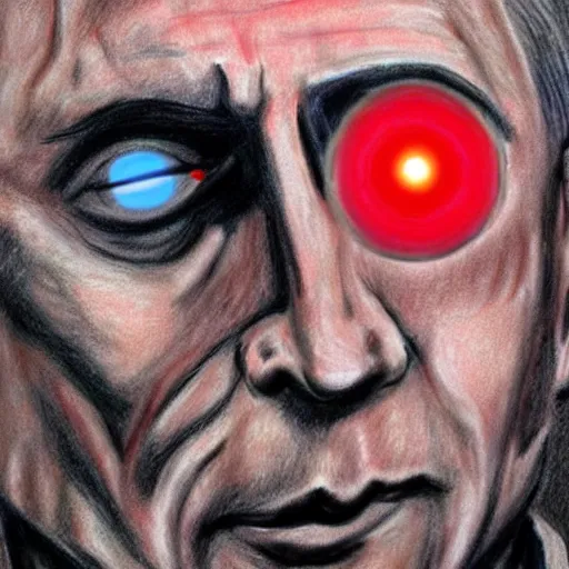 Prompt: Colored crayon drawing of Vladimir Putin as the terminator, half robotic face, red eyes glowing