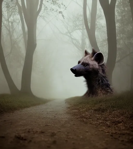 Image similar to foggy dirt road portrait of furry anthro anthropomorphic spotted hyena head animal person fursona wearing clothes horror gloomy digital art bokeh depth of field photo by Greg Rutkowski, Simon Stalenhag, christopher nolan trending on Artstation, CGSociety